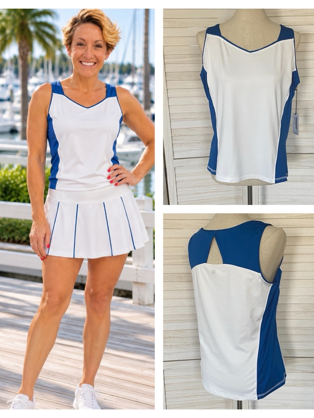 Tail White and Blue Sleeveless V Neck Performance Tank SZ L NWT Sporty